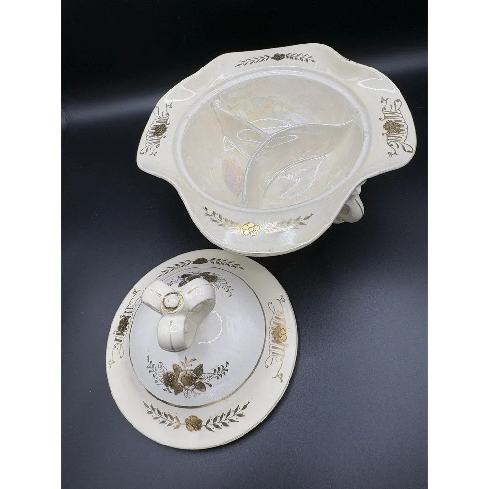 Vintage Arnart Japan Triple Condiment Server Hand-Painted Gold Floral Porcelain